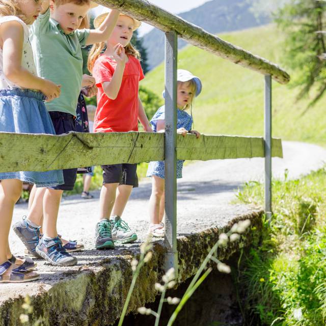 Children stand on a bridge and look down