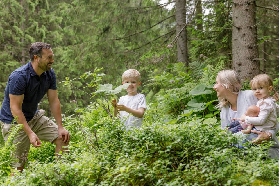 Junge Familien genießt die Urlaubszeit im Wald